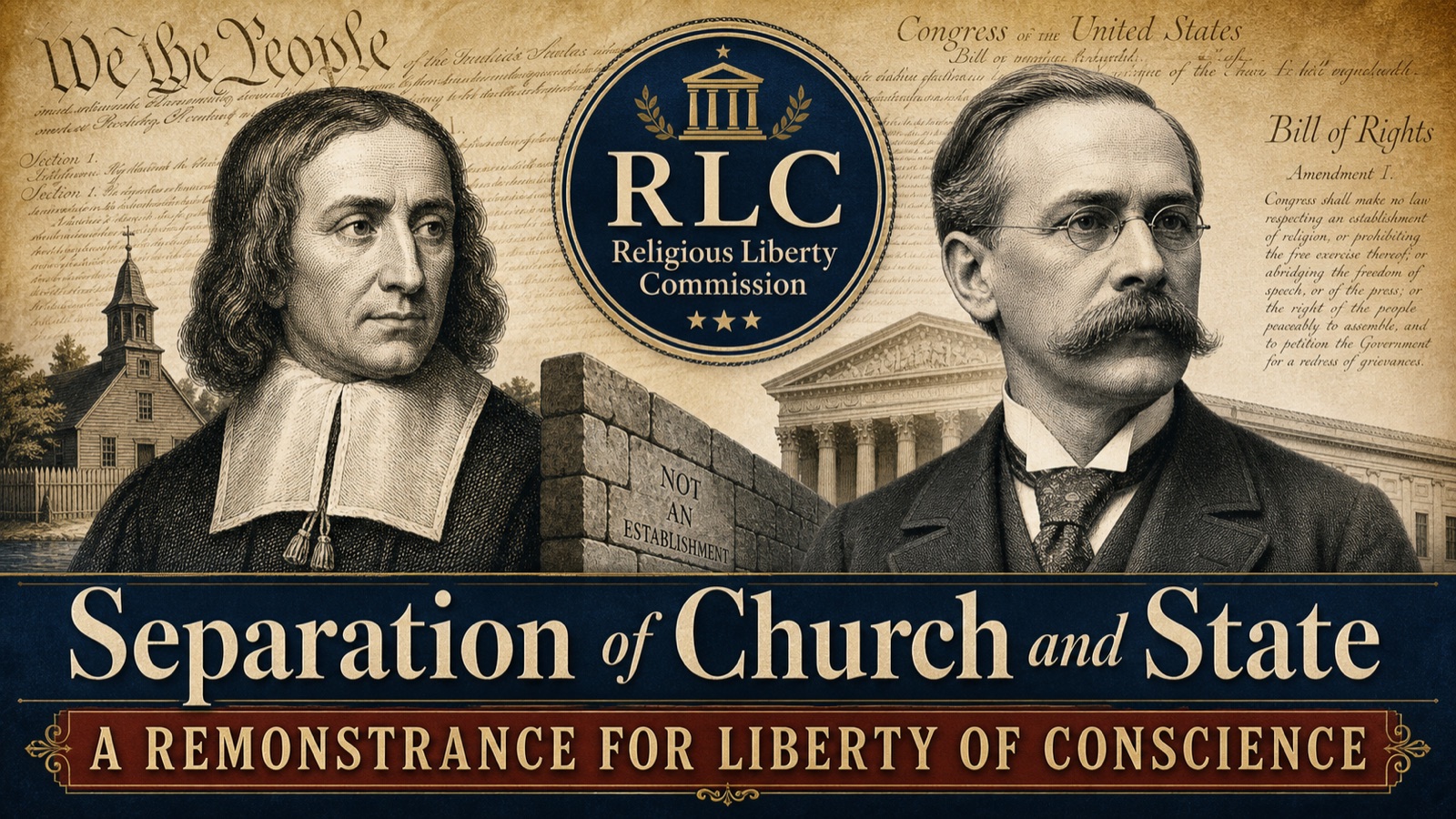 Composite image of Roger Williams, A. T. Jones, and a Religious Liberty Commission emblem with the words Separation of Church and State and Remonstrance.